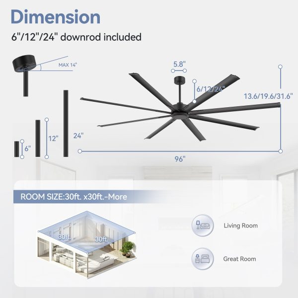 Industrial 96 in. (8 ft.) Indoor Black Ceiling Fan with Downrod and Aluminum Blade with Remote Control Included No Light