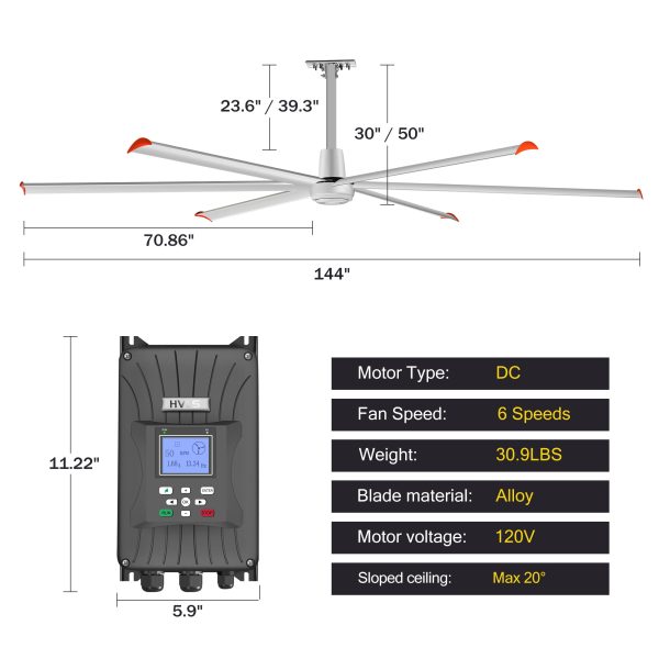 144 in. (12 ft. ) Aluminum Indoor/Covered Outdoor Industrial HVLS Silver Ceiling Fan with Downrod, Wall Control No Light