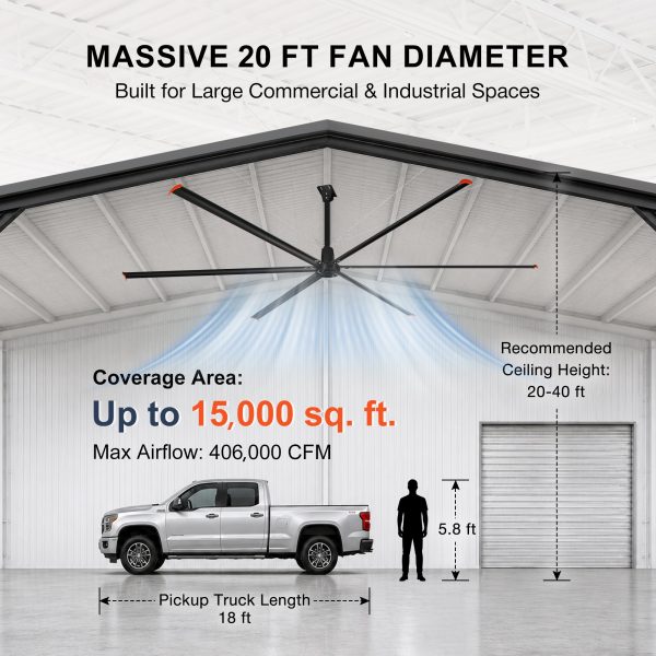20 ft. Aluminum Indoor/Covered Outdoor Industrial HVLS 120V-1Phase Black Ceiling Fan with Downrod, Wall Control No Light