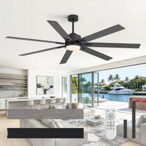 Marco 72 in. Black Standard Covered Outdoor Ceiling Fan with LED Light, Black/Gray Blade, Downrod and Remote Included