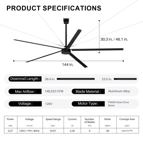 12 ft. Aluminum Indoor/Covered Outdoor Industrial 120V-1Phase HVLS Black Ceiling Fan with Downrod, Wall Control No Light